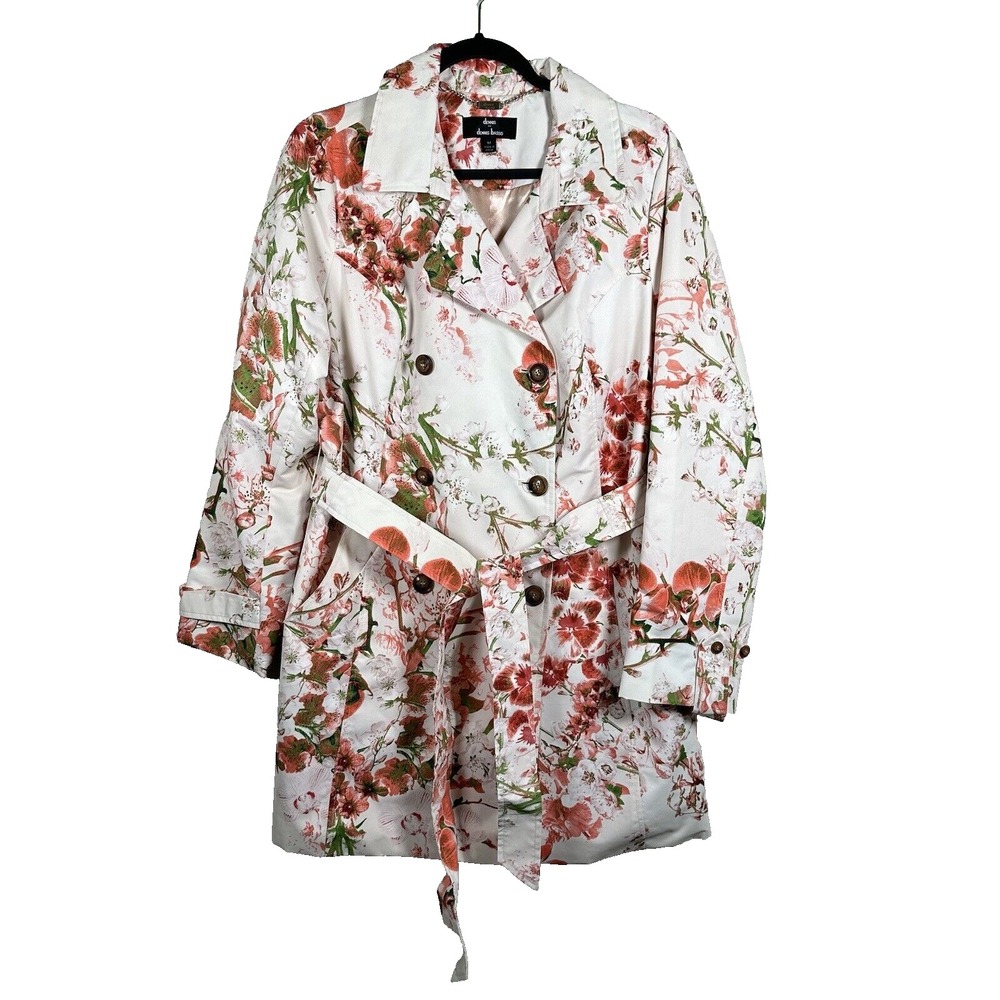 Dennis Basso Medium Trench Coat White Floral Double Breasted Belted Jacket